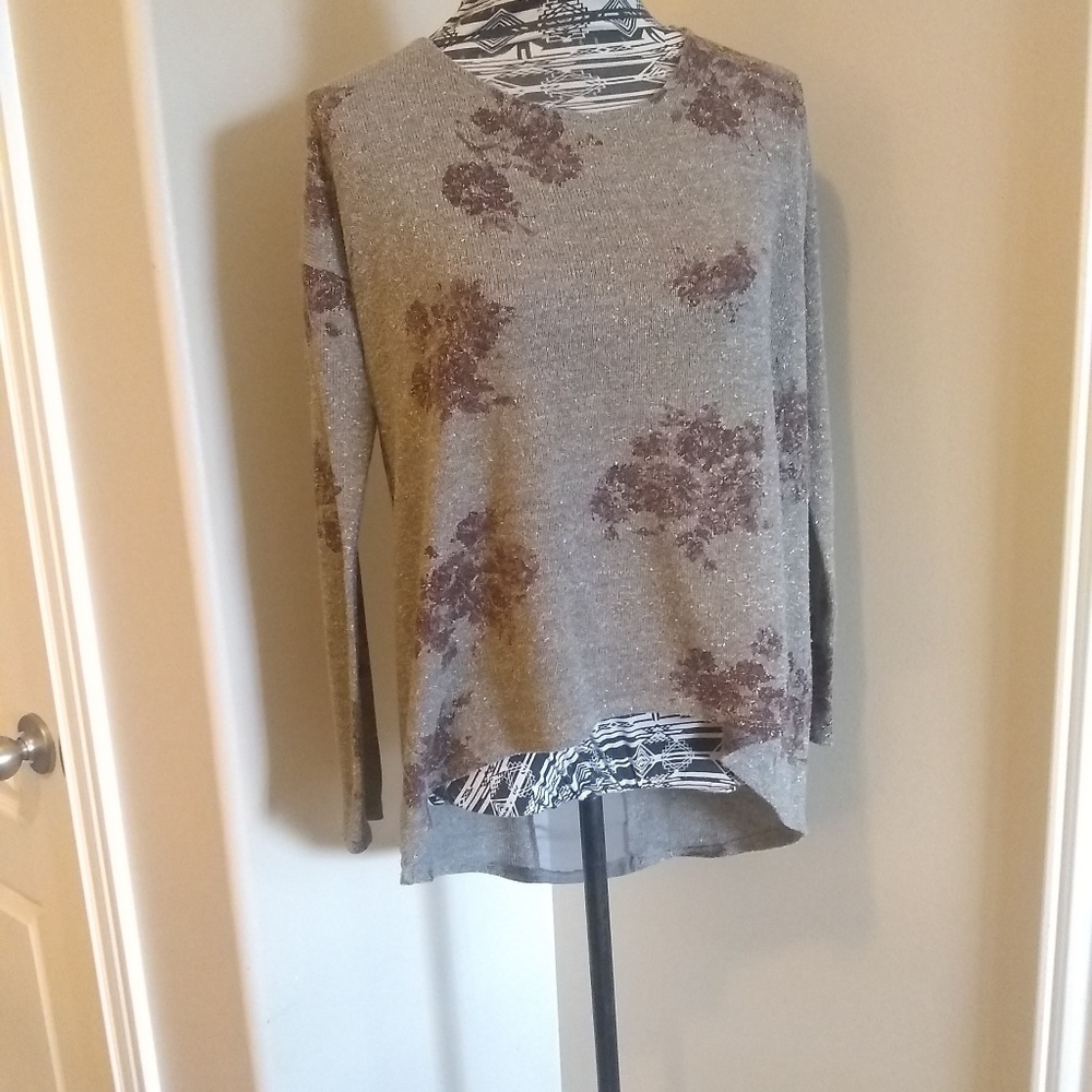 Lush Taupe Shimmer Floral Hi-lo Knit Top with Sheer back - Picture 6 of 6